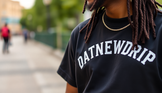 a Customer wearing streetwear graphic tees with the word 'DATNEWDRIP' on them