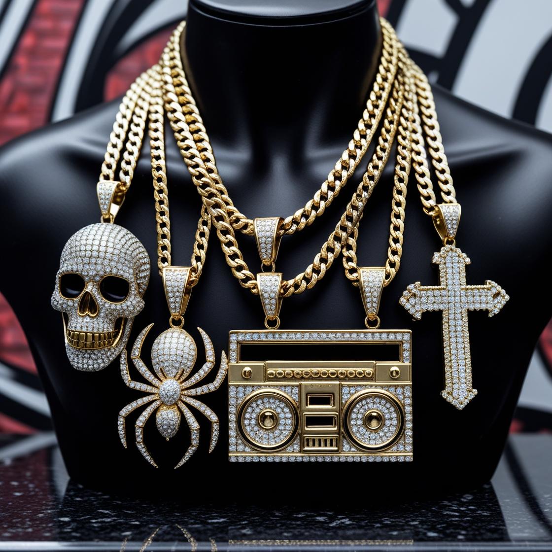 Collection of hip-hop style pendants featuring gold chains with diamond-studded skulls and iconic designs