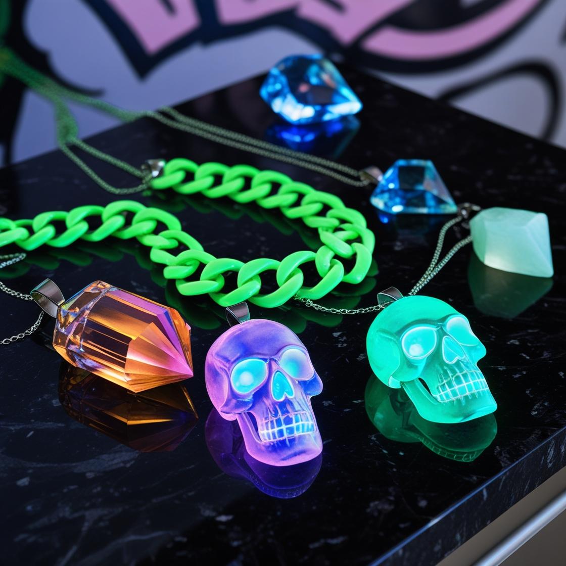 Luminous Jewelry collection featuring gold chains with skull and cross pendants and matching gemstone rings