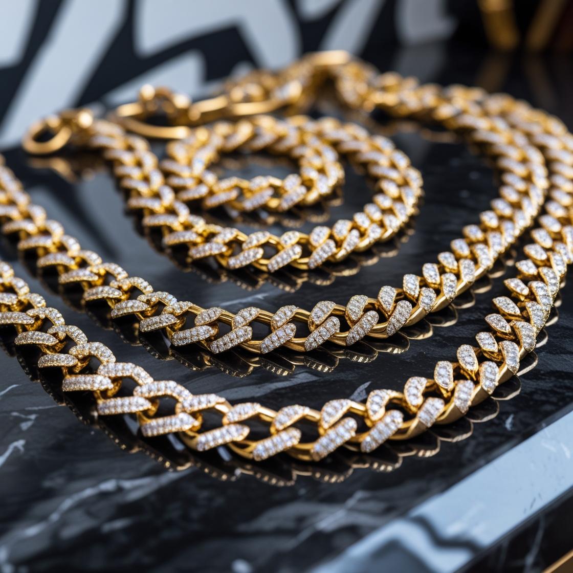 Iced-out and gold Cuban link chains for sale displayed with sparkling diamond accents and bold designs