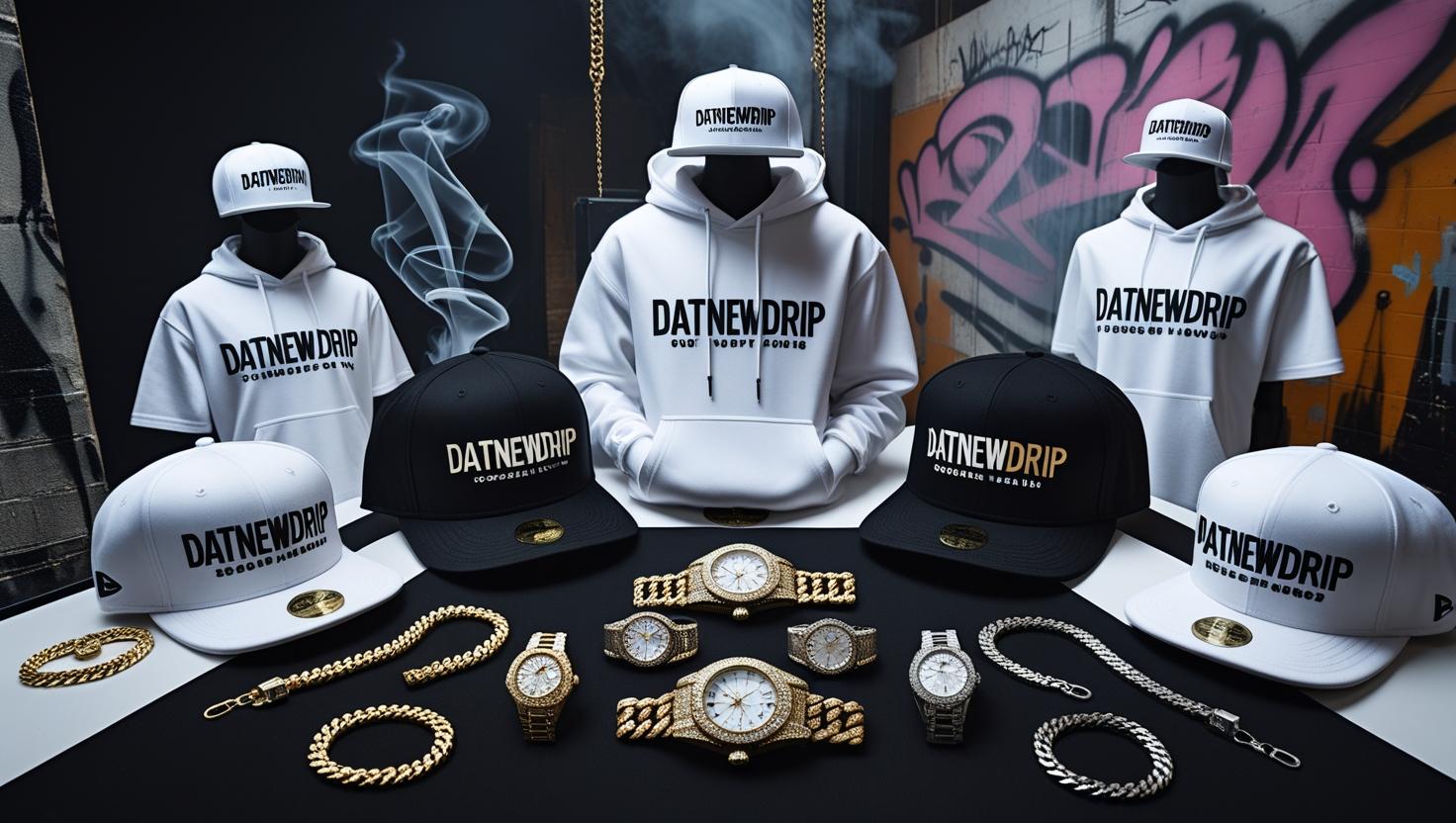 Hip-hop jewelry new arrivals featuring silver chain necklaces, rings, bracelets, and graphic t-shirts
