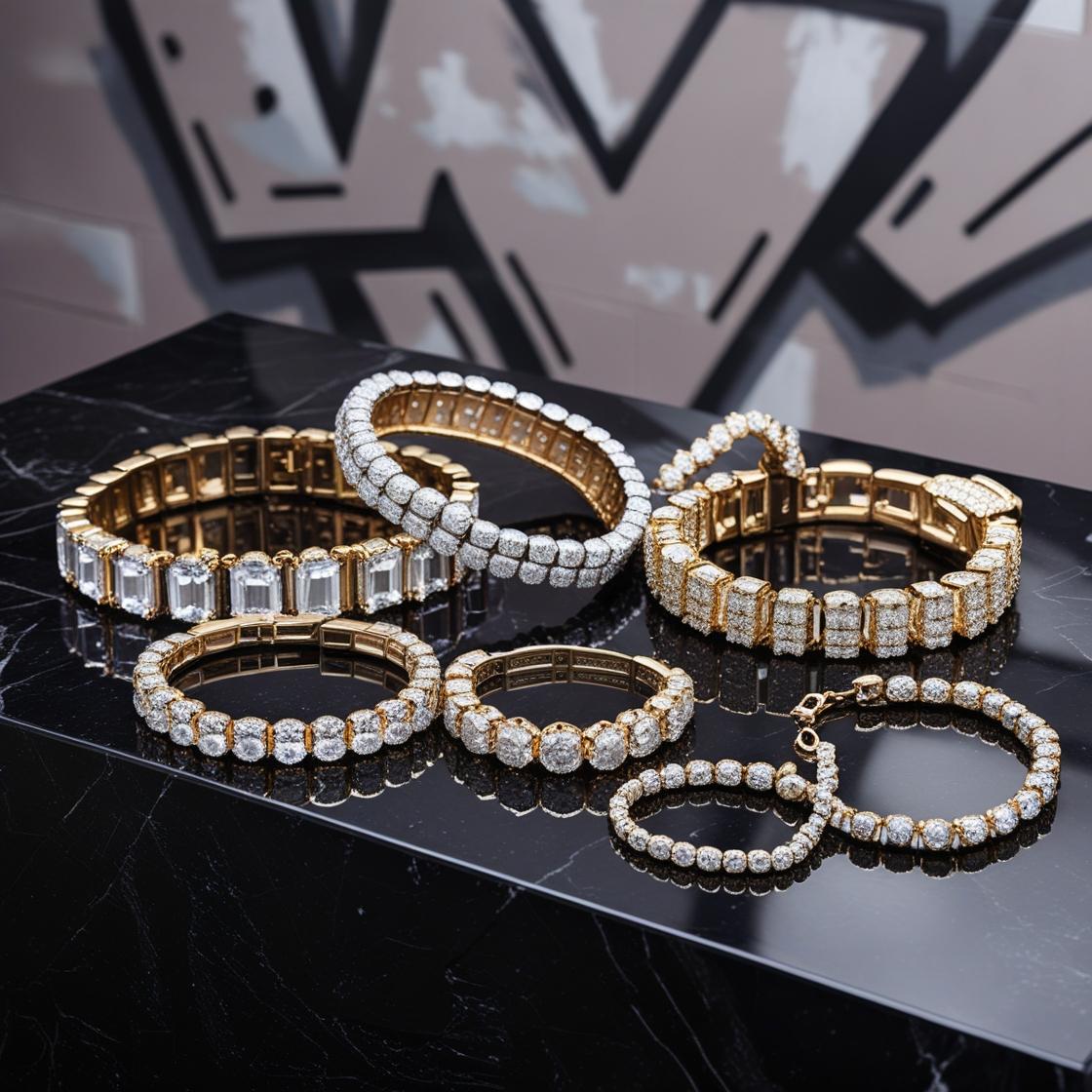 Bling bracelets hip hop style in gold with diamonds and blue gemstones arranged on reflective surface