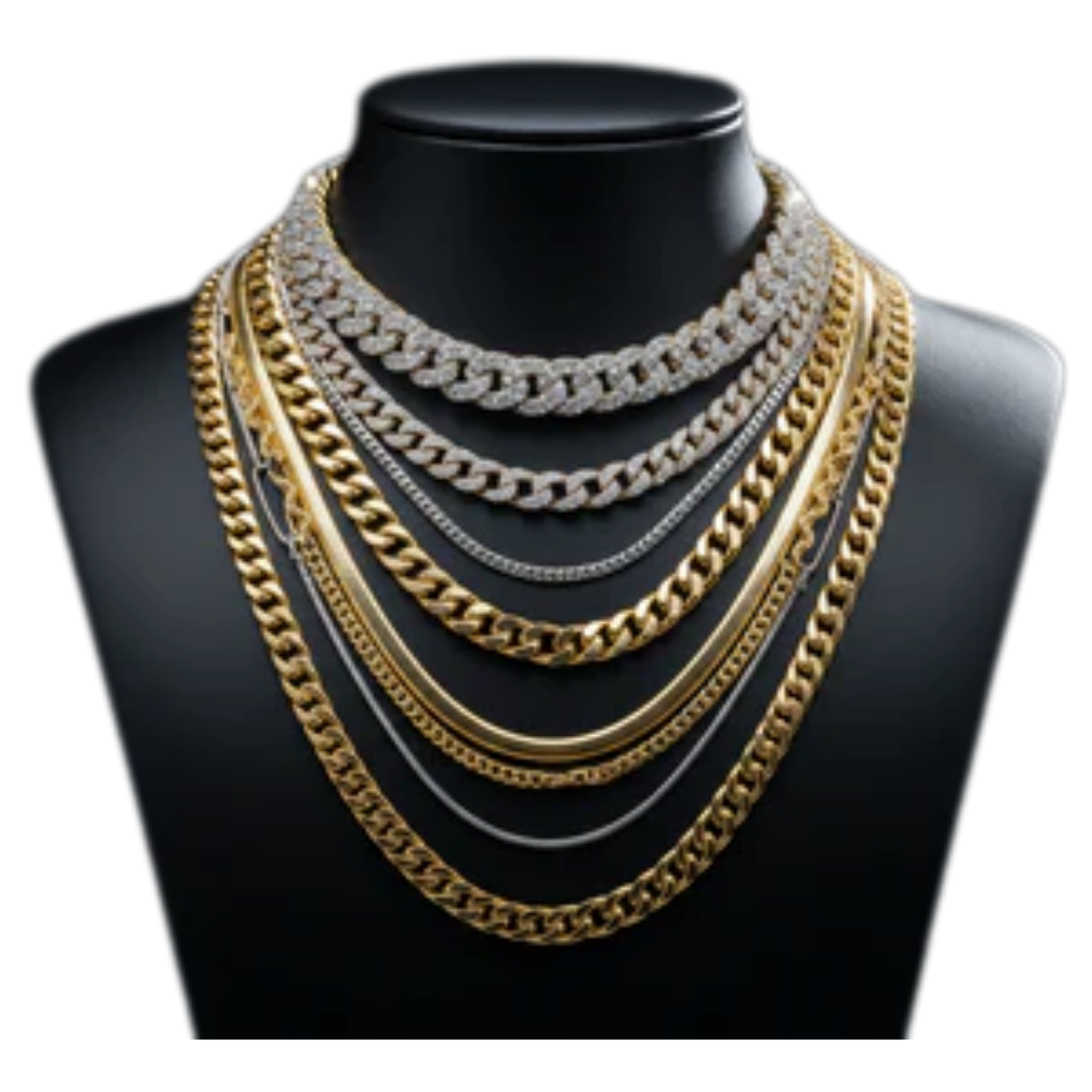 Iced-out and gold Cuban link chains for sale displayed with sparkling diamond accents and bold designs