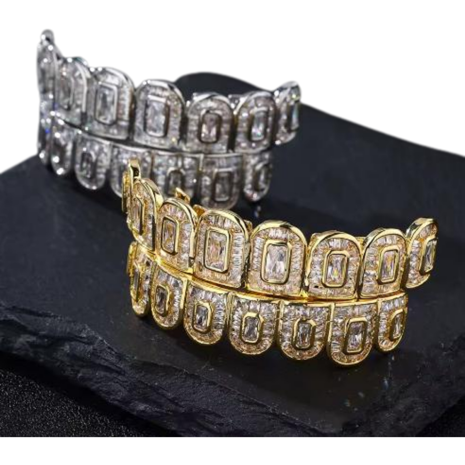 Collection of custom gold and diamond iced out grillz with bold designs including blue BOSS letters