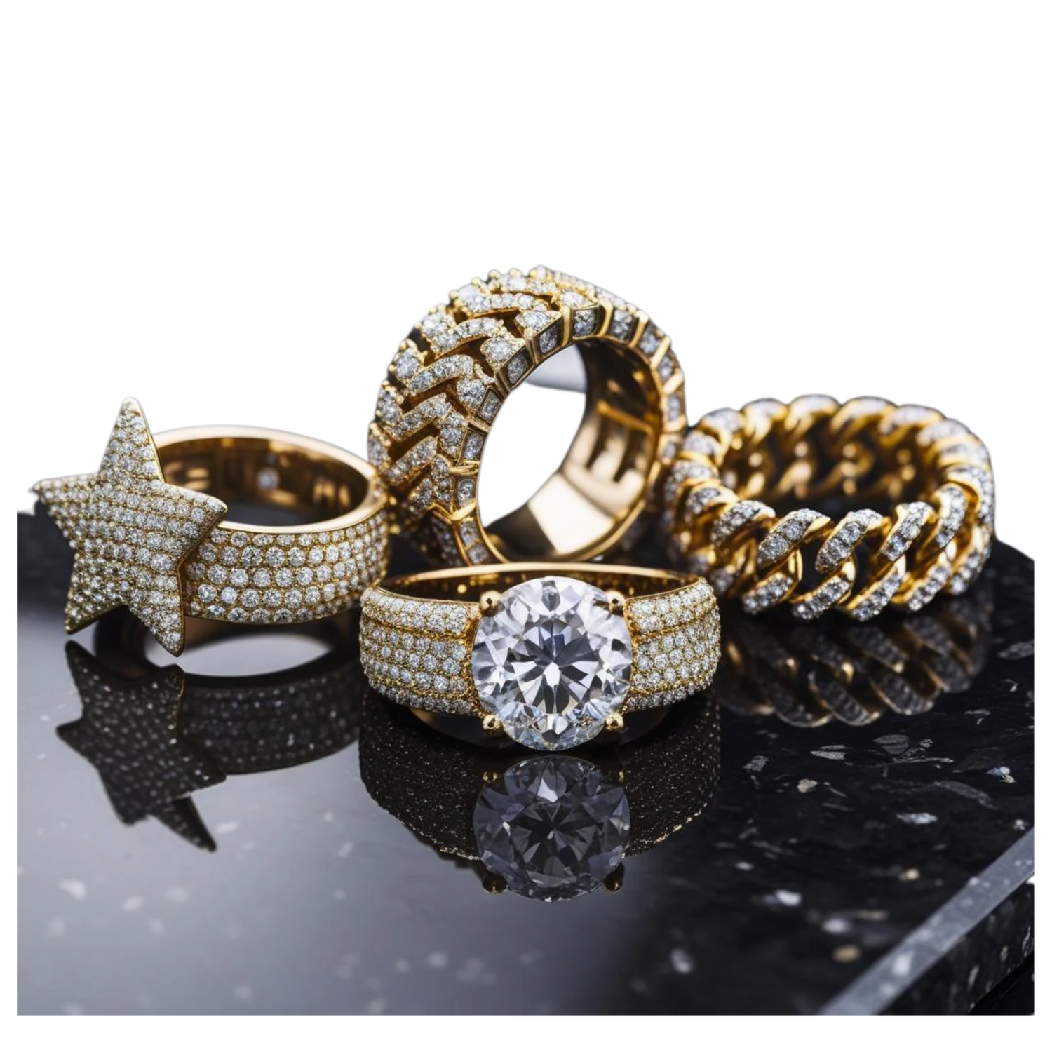 Oversized Rings collection featuring bold lion and skull designs with sparkling stones in gold and silver tones