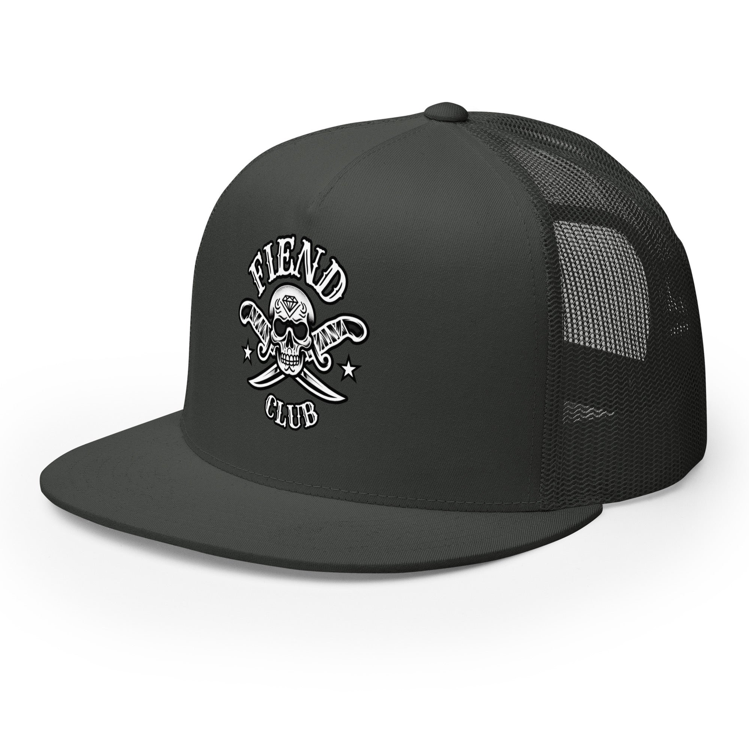 Black background with white skull and crossed swords logo for Fiend Club Brand Merchandise