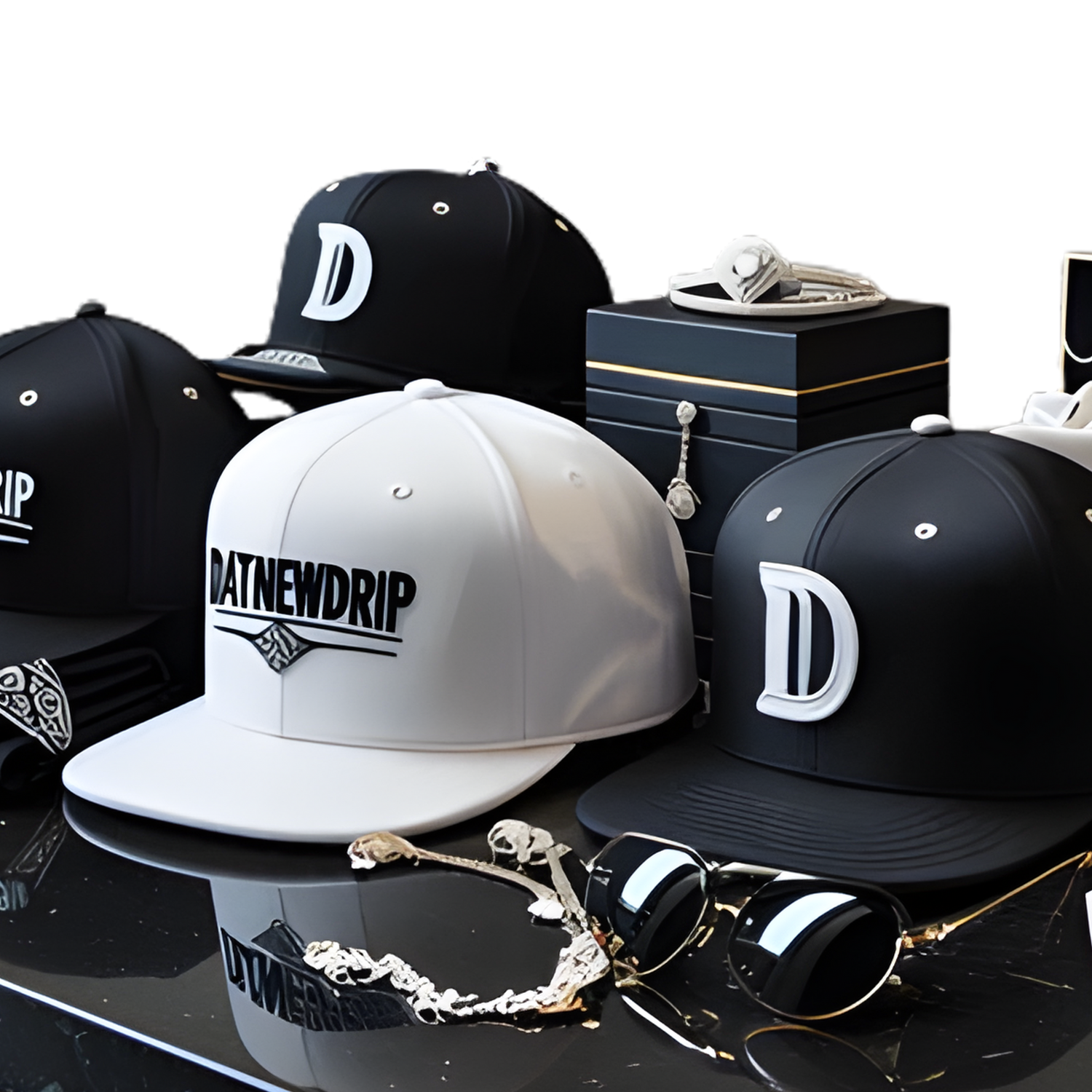 Luxurious Drip Accessories collection featuring diamond-studded sunglasses, rings, watch, crown pendants, and a black cap