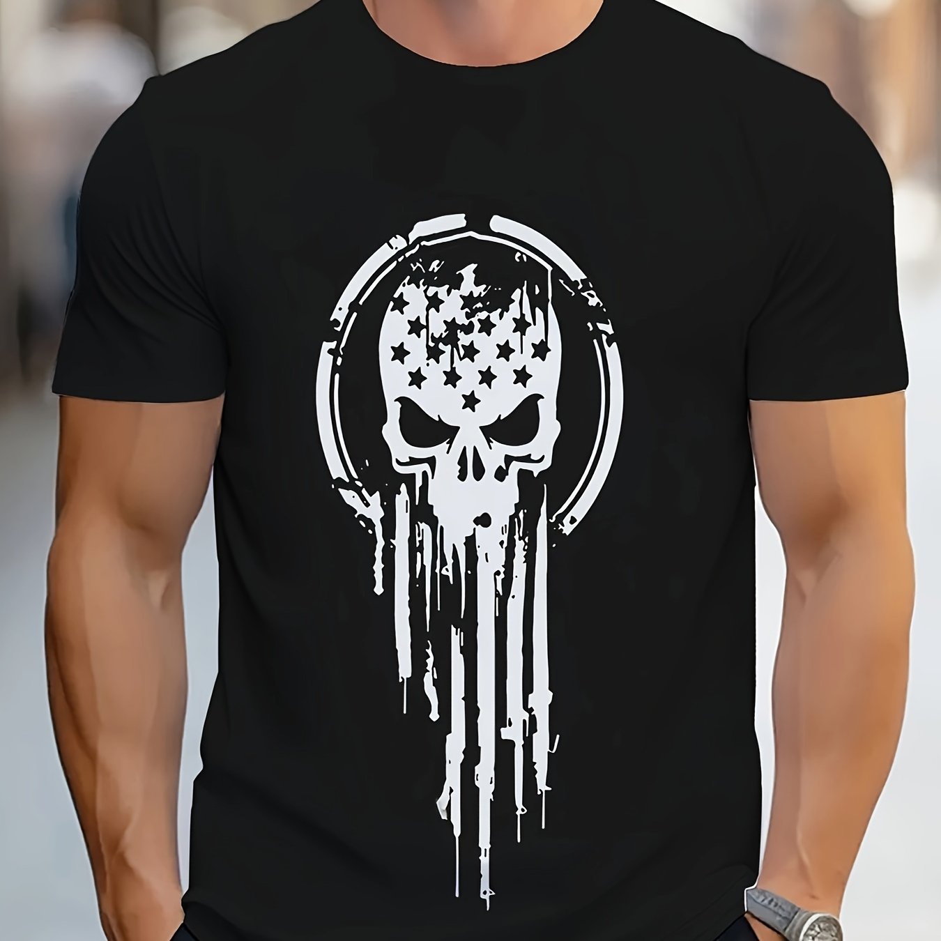 Men's Casual And Fashionable Geometric Skull Pattern T-shirt - Breathable Polyester Fiber, Round Neck, Regular Style