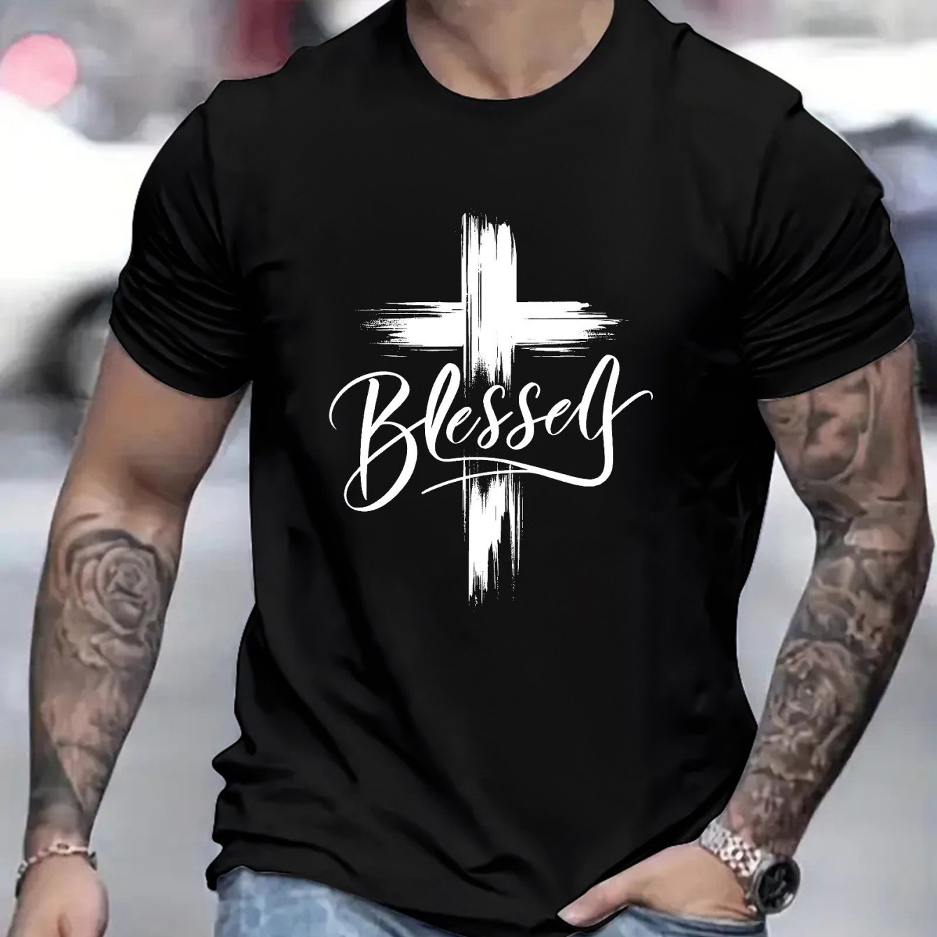 Blessed Print T-shirt, Men's T-shirt, Summer Casual Short Sleeved T-shirt