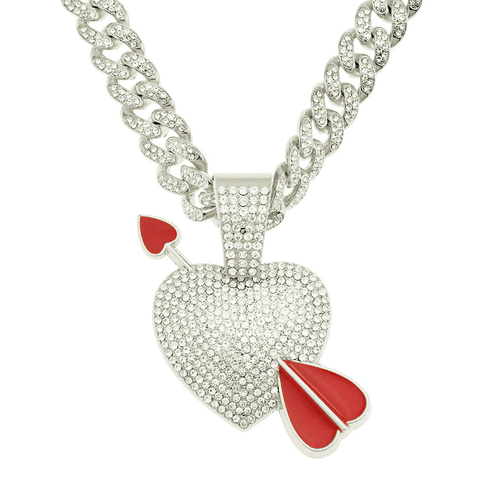 Hip-hop Three-dimensional Arrow Piercing Heart Pendant Necklace Full Of Diamonds