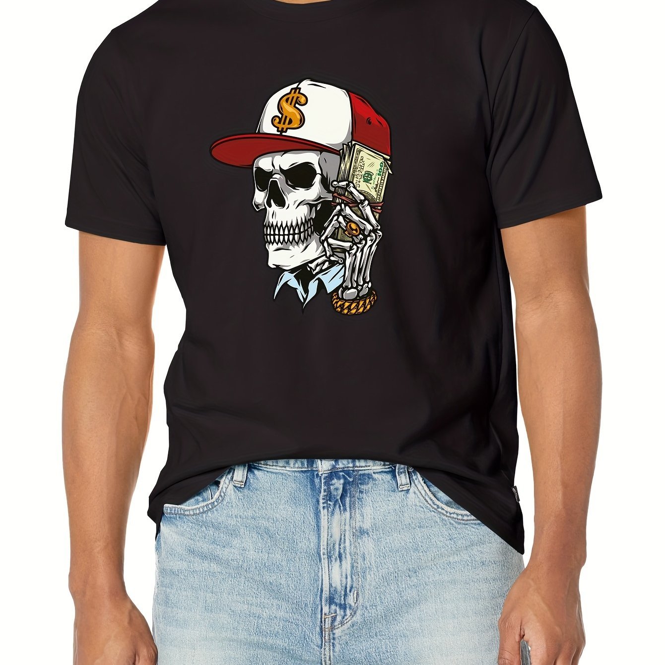 Skull And A Lot Of Money Printed T-shirt, Men's T-shirt, Summer Casual Short Sleeved T-shirt