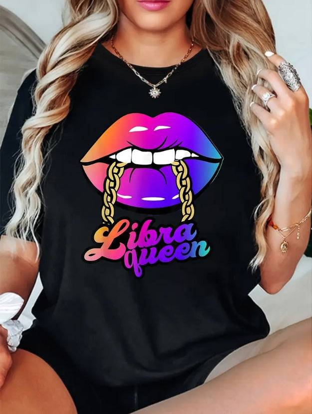 Libra Queen Print Crew Neck T-shirt, Spring Summer Casual Short-Sleeved Top, Women's Clothing