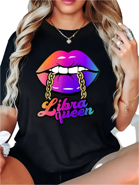 Libra Queen Print Crew Neck T-shirt, Spring Summer Casual Short-Sleeved Top, Women's Clothing