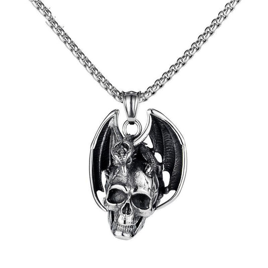 Retro Skull Wing Pendant Men's Hip Hop Nightclub Ghost Head Necklace Jewelry Accessories