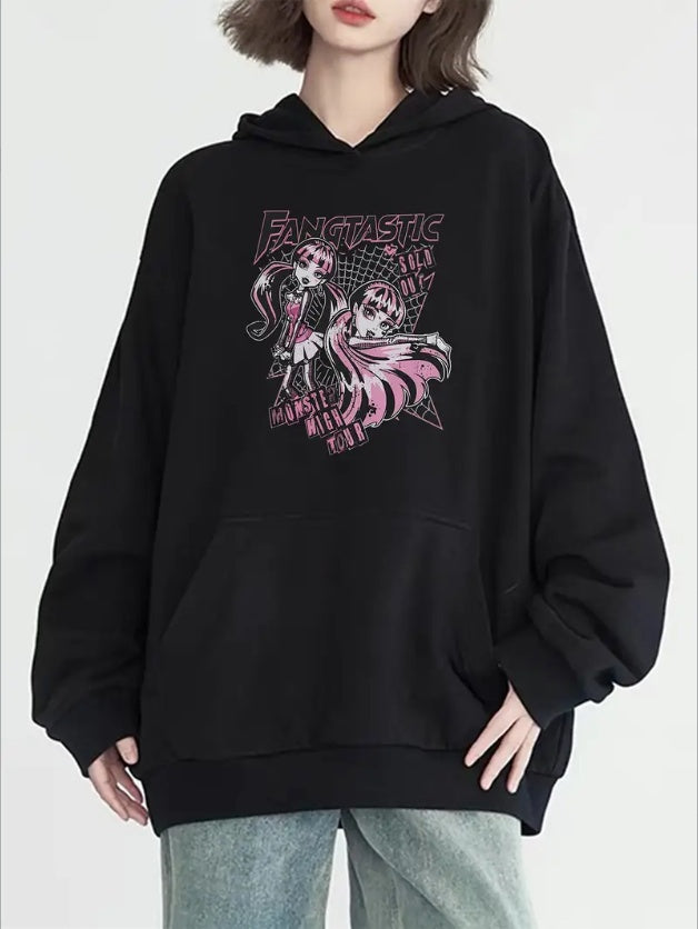 Women's Casual Hoodie With Monster Cartoon Print, Kangaroo Pocket - Cozy  Long Sleeve Pullover