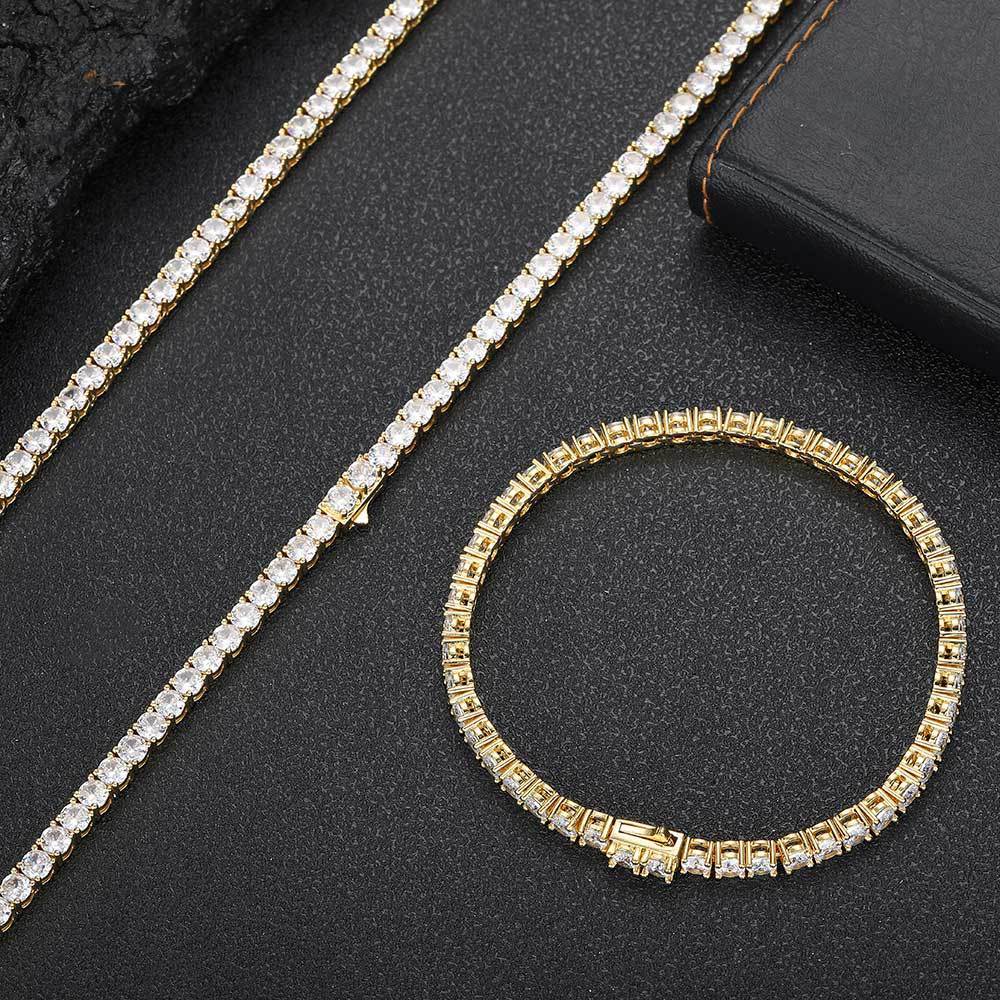 European Hip Hop Diamond Spring Fastener Tennis Chain Zircon Men's Necklace Bracelet Jewelry