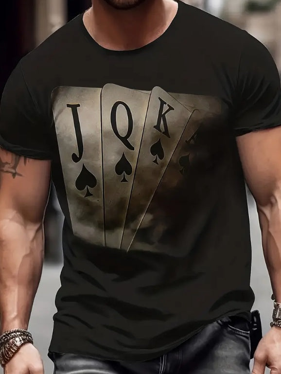 Fashionable Card Printed T-shirt For Men, Casual And Comfortable Round Neck