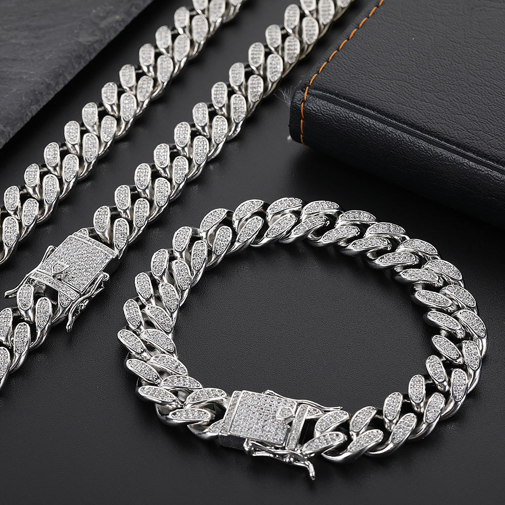 Hip Hop Men's Necklace 12mm Double Row Full Diamond Cuban Chain Bracelet