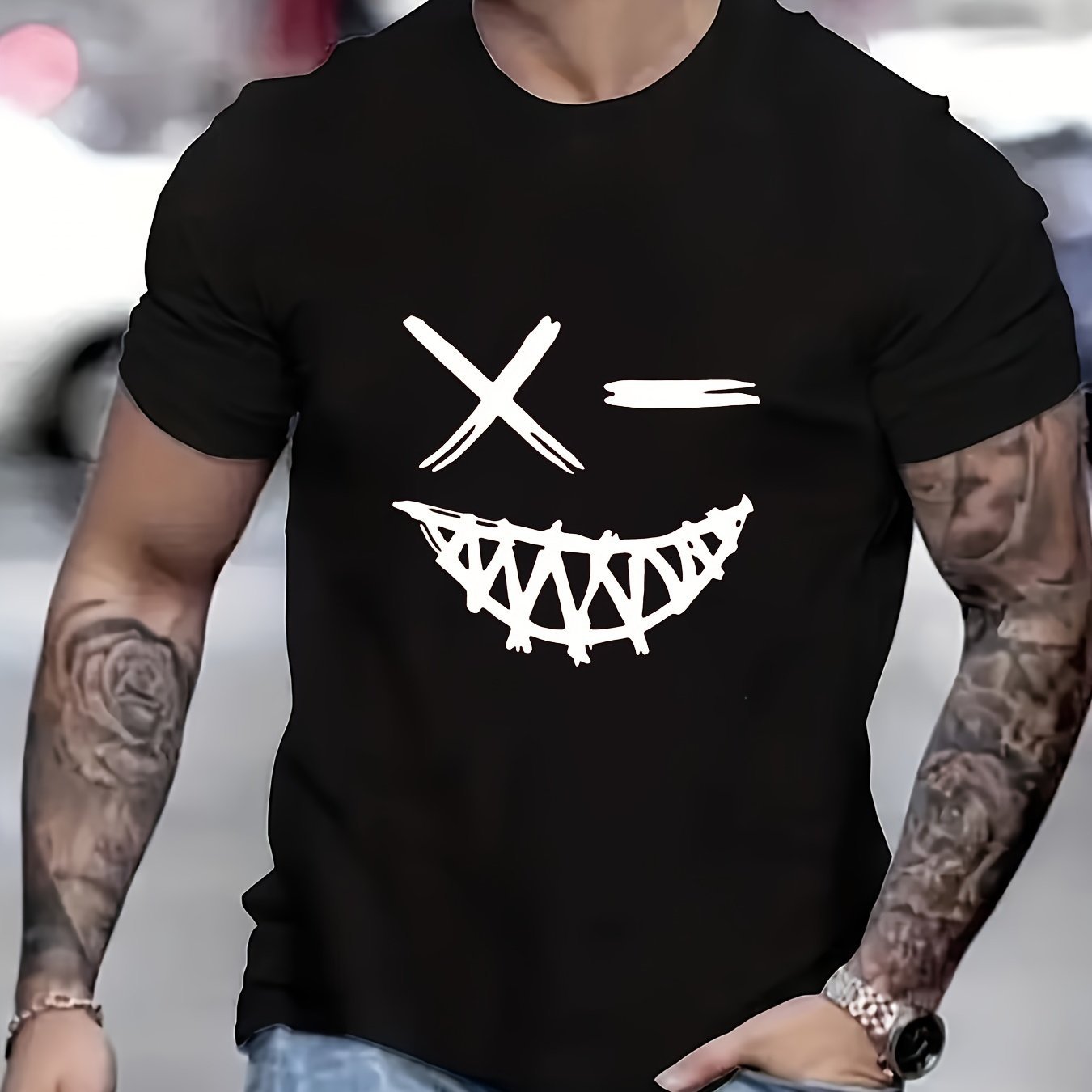 Men's Evil Smiling Face Pattern Round Neck Short Sleeve T-shirt, Summer Street Trend Fashion Top, Perfect Gift Item