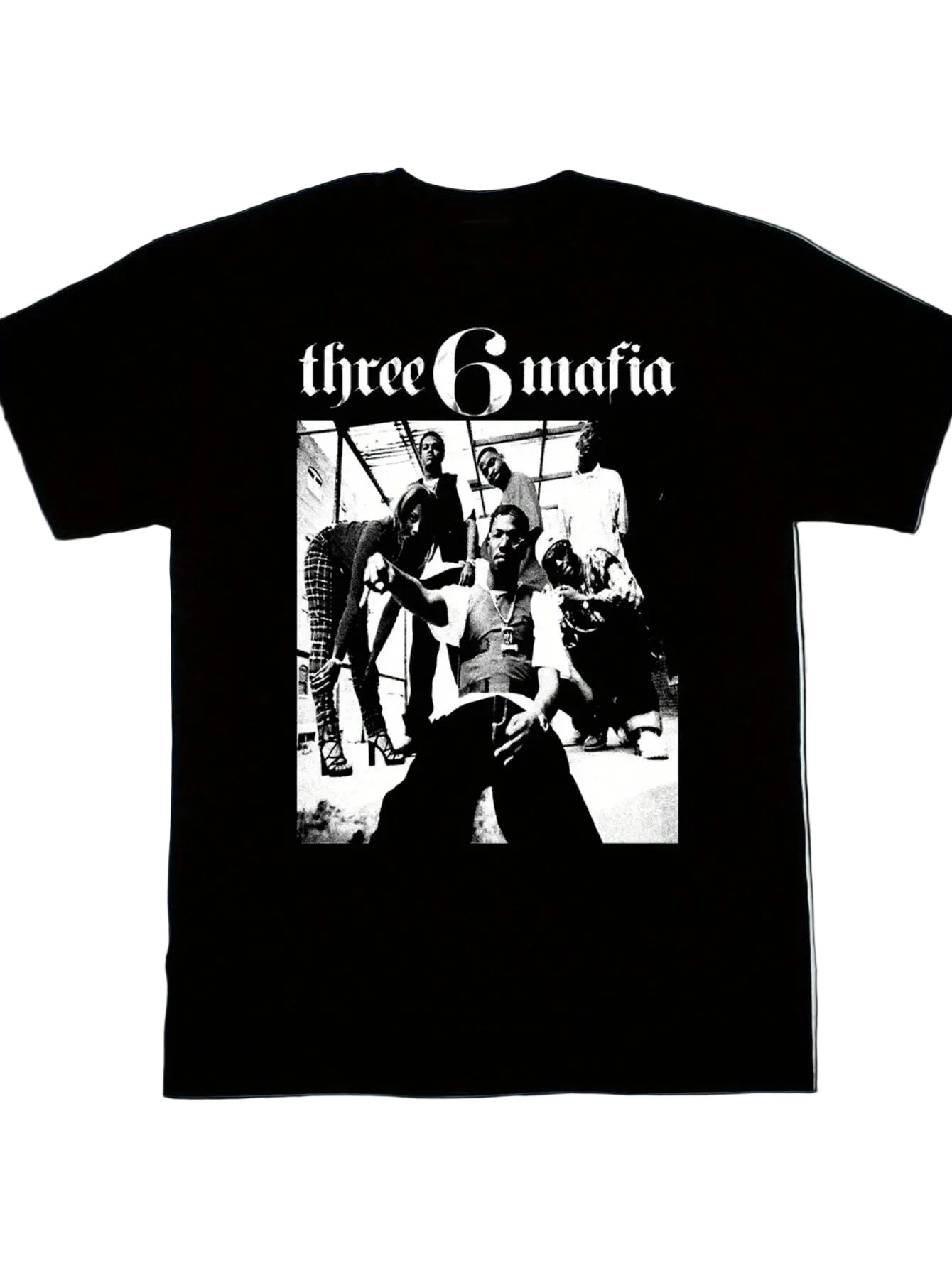 Black t-shirt with 'three 6 mafia' graphic on a white background