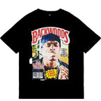 Black t-shirt with a graphic design featuring a person smoking and text on a white background.