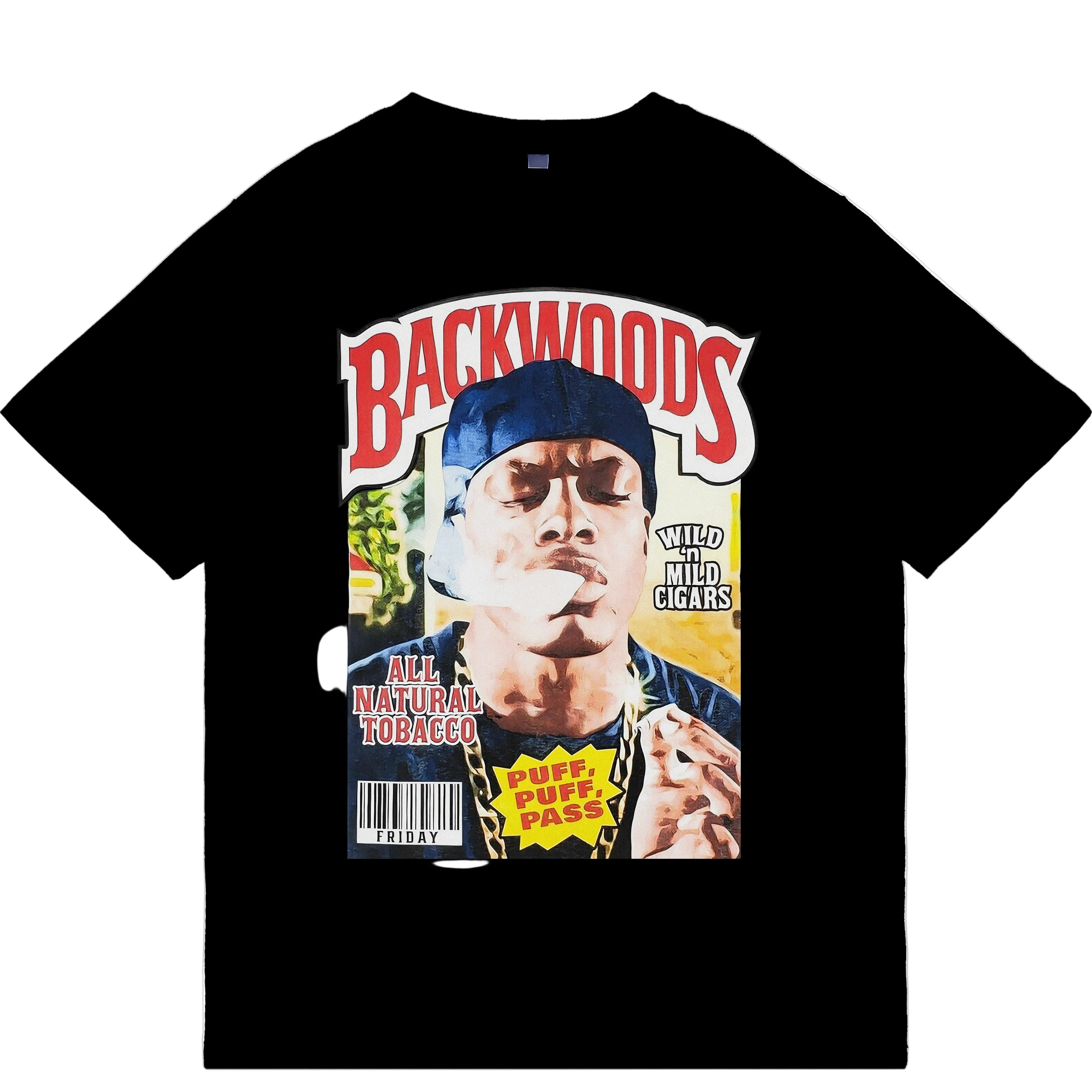 Black t-shirt with a graphic design featuring a person smoking and text on a white background.