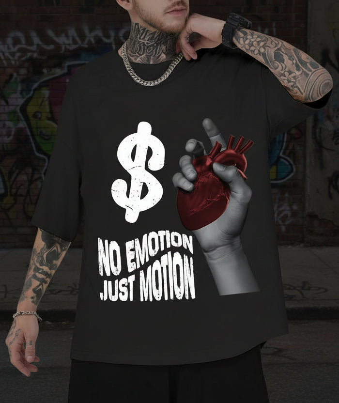 Black t-shirt with graphic design and text 'No Emotion Just Motion' worn by a person with tattoos.