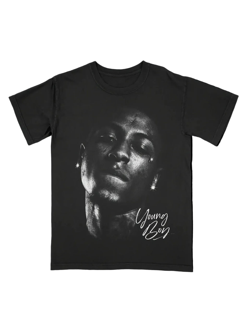 Black t-shirt with a graphic of a face and 'YoungBoy' text on a black background