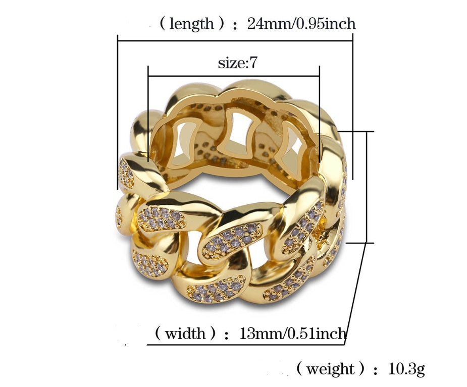 Cuban Link Men's Hip Hop Golden Ice Cube Ring