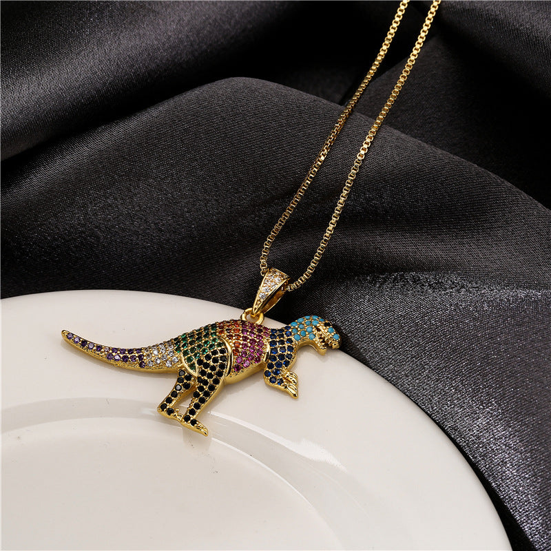 Hip Hop Bronze Micro-inlaid Zirconium Dinosaur Pendant Necklace