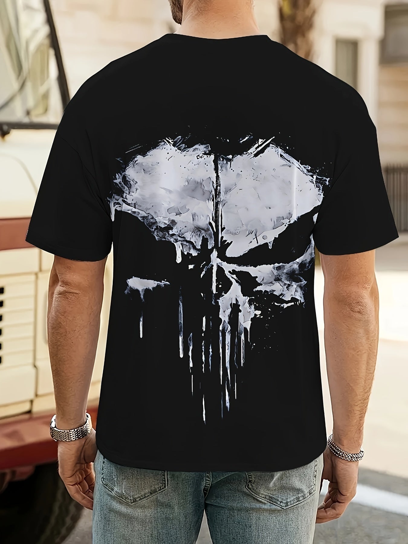 Skull Shaped 3D Printed Men's Round Neck Short Sleeved T-shirt, Summer Fashionable T-shirt, Casual And Comfortable Versatile Top, Suitable For Daily Outdoor Street Wear