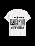 White t-shirt with graphic design and text on a white background