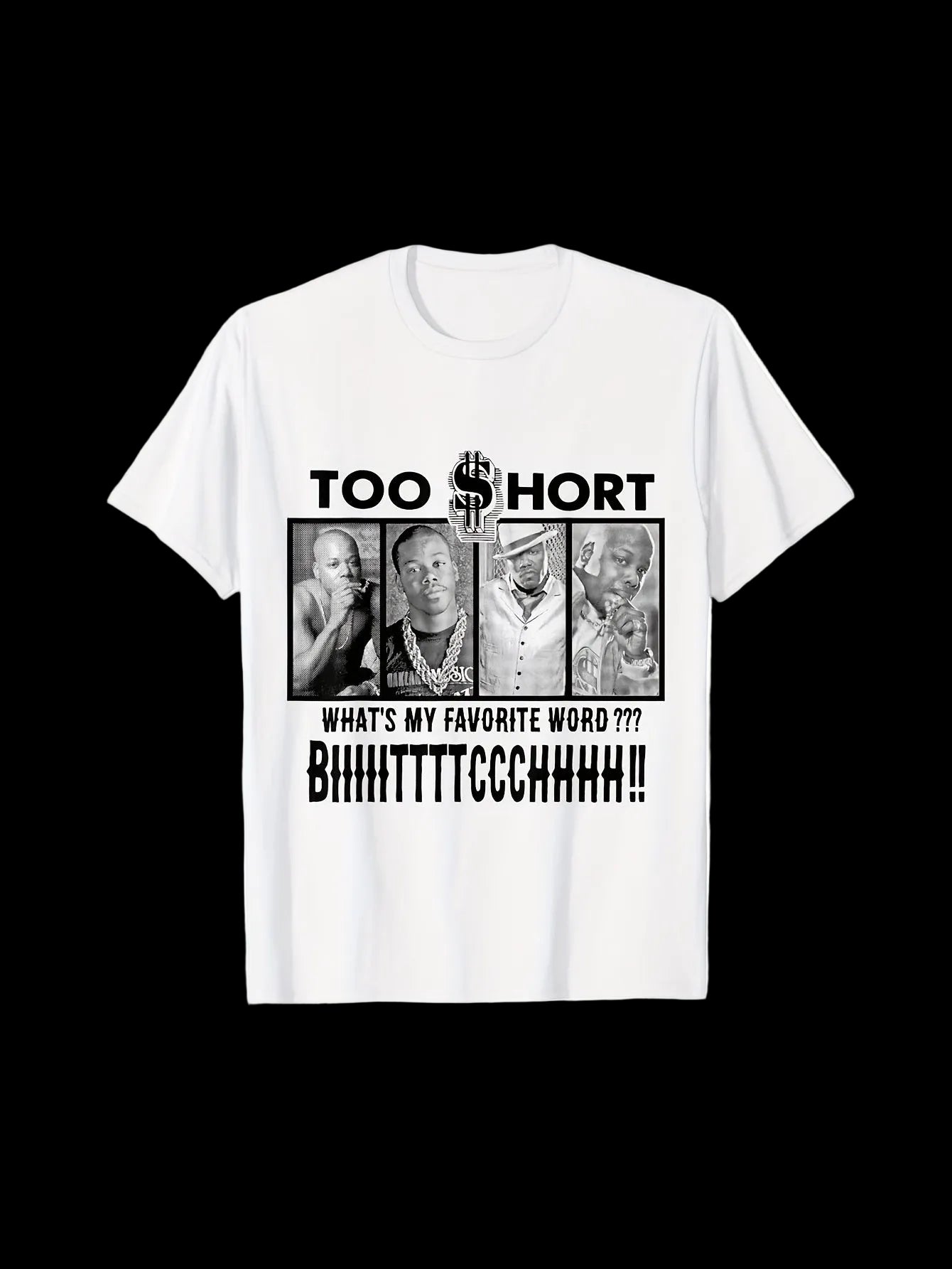 White t-shirt with graphic design and text on a white background