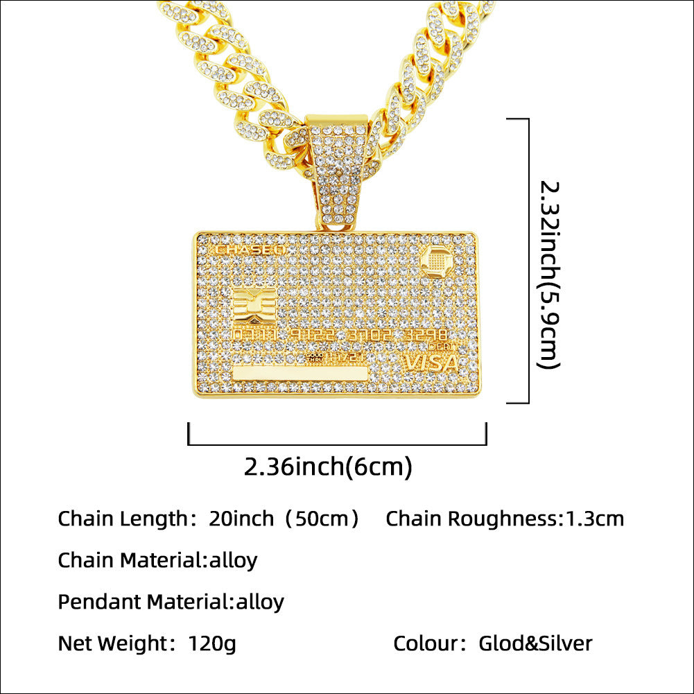 European Hip Hop Full Diamond Domineering Tag Pendant Necklace For Men Trendy Unique Street Wear Cuban Link Chain Necklace