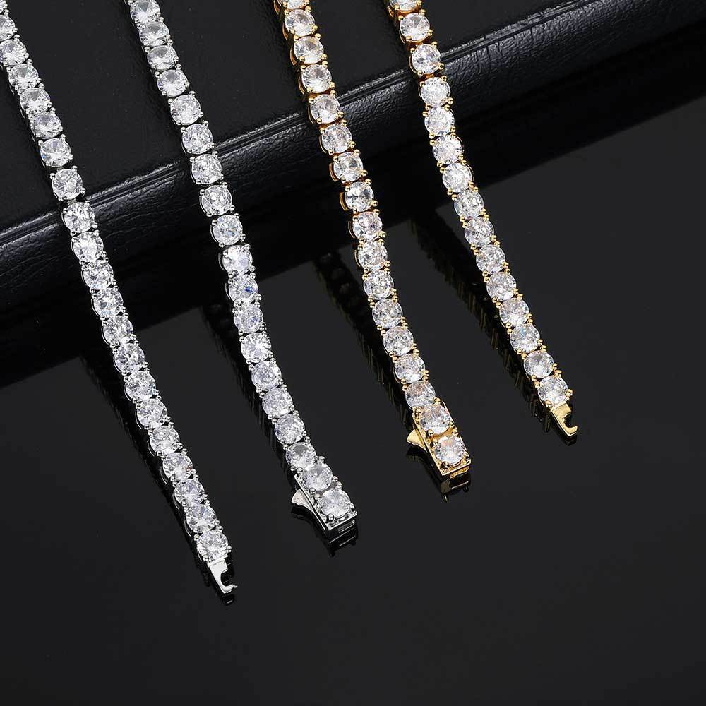 European Hip Hop Diamond Spring Fastener Tennis Chain Zircon Men's Necklace Bracelet Jewelry