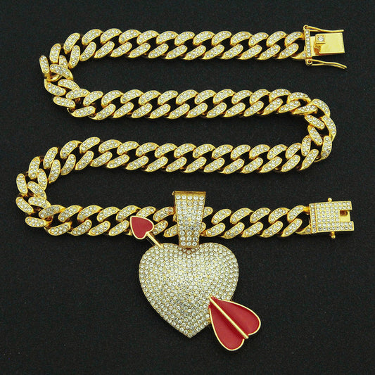 Hip-hop Three-dimensional Arrow Piercing Heart Pendant Necklace Full Of Diamonds