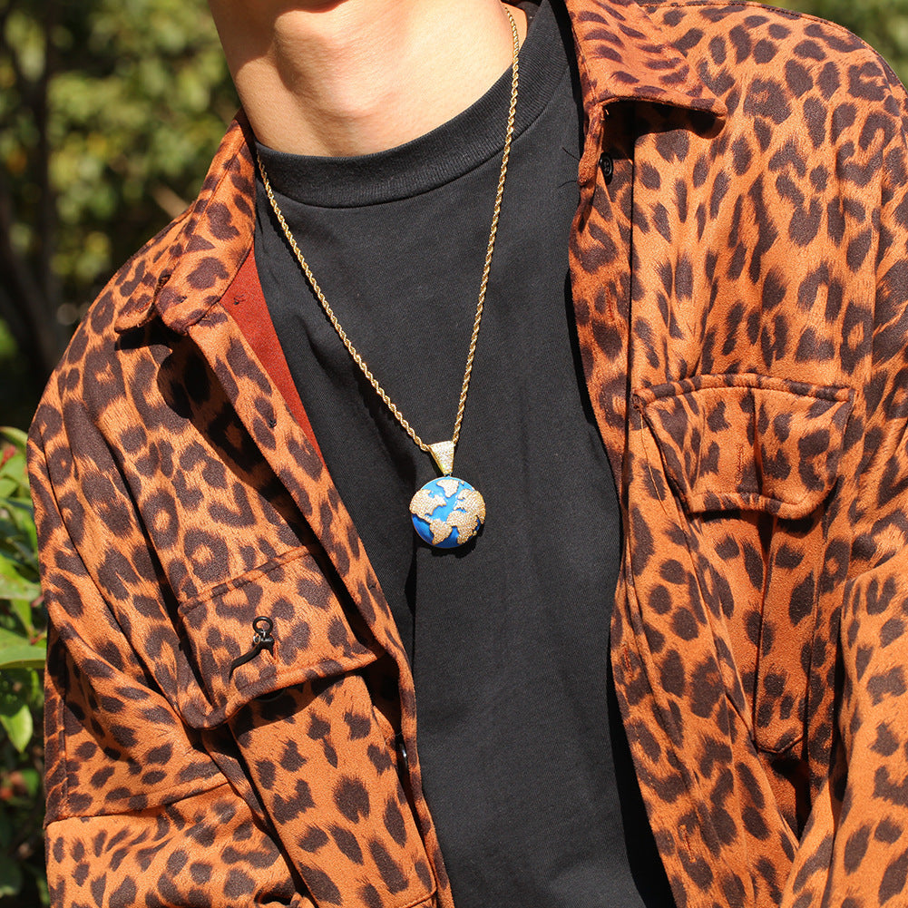 Hip Hop Oil Dropped Zircon Blue Earth Pendant Necklace