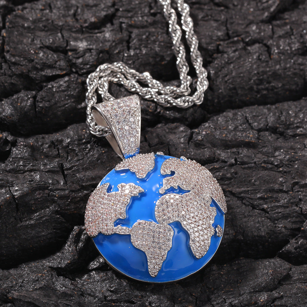 Hip Hop Oil Dropped Zircon Blue Earth Pendant Necklace