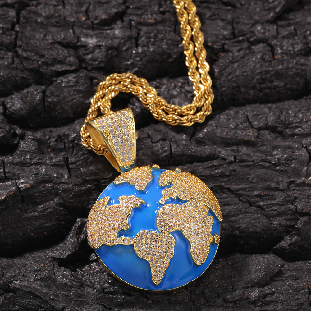 Hip Hop Oil Dropped Zircon Blue Earth Pendant Necklace