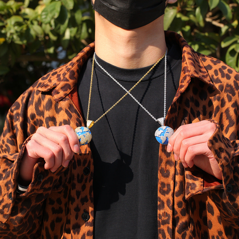 Hip Hop Oil Dropped Zircon Blue Earth Pendant Necklace