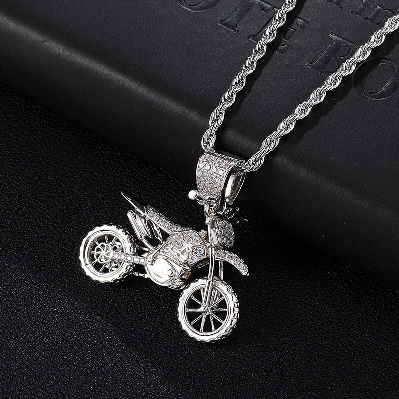 Hip Hop Full Zircon Gold Motorcycle Necklace Pendant