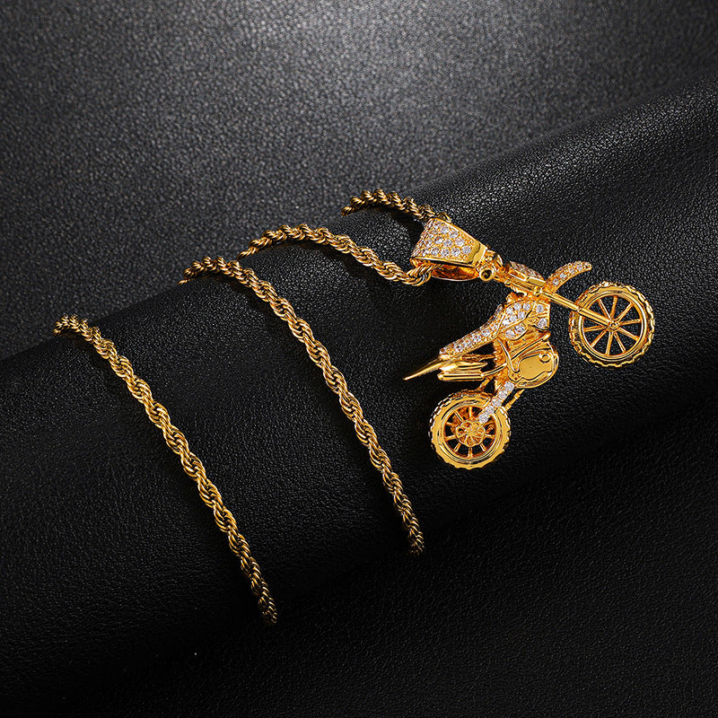 Hip Hop Full Zircon Gold Motorcycle Necklace Pendant