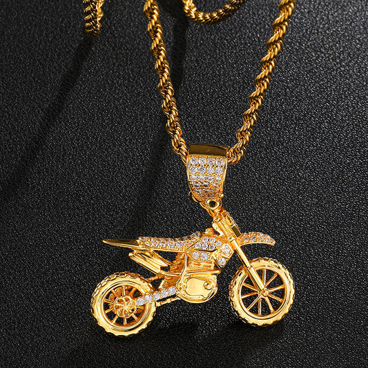 Hip Hop Full Zircon Gold Motorcycle Necklace Pendant