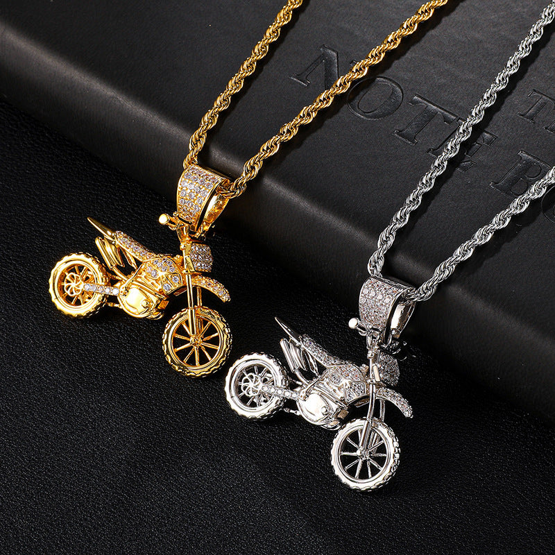 Hip Hop Full Zircon Gold Motorcycle Necklace Pendant