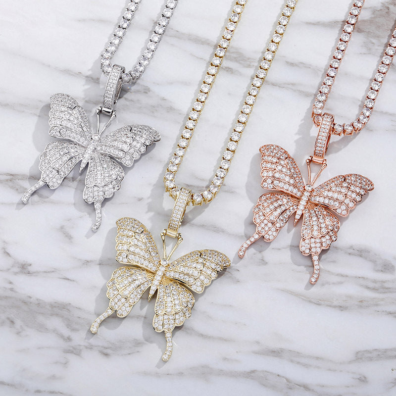 Butterfly Pendant Full Of Zircon Hip Hop Necklace For Men And Women Clavicle Chain