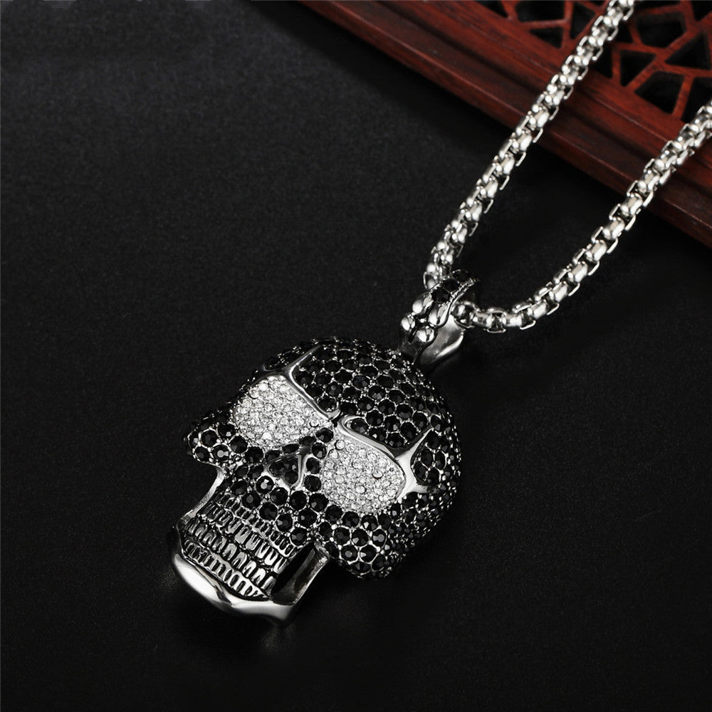 Hip-hop Personality Punk full Diamond Skull titanium Steel Pendant Necklace