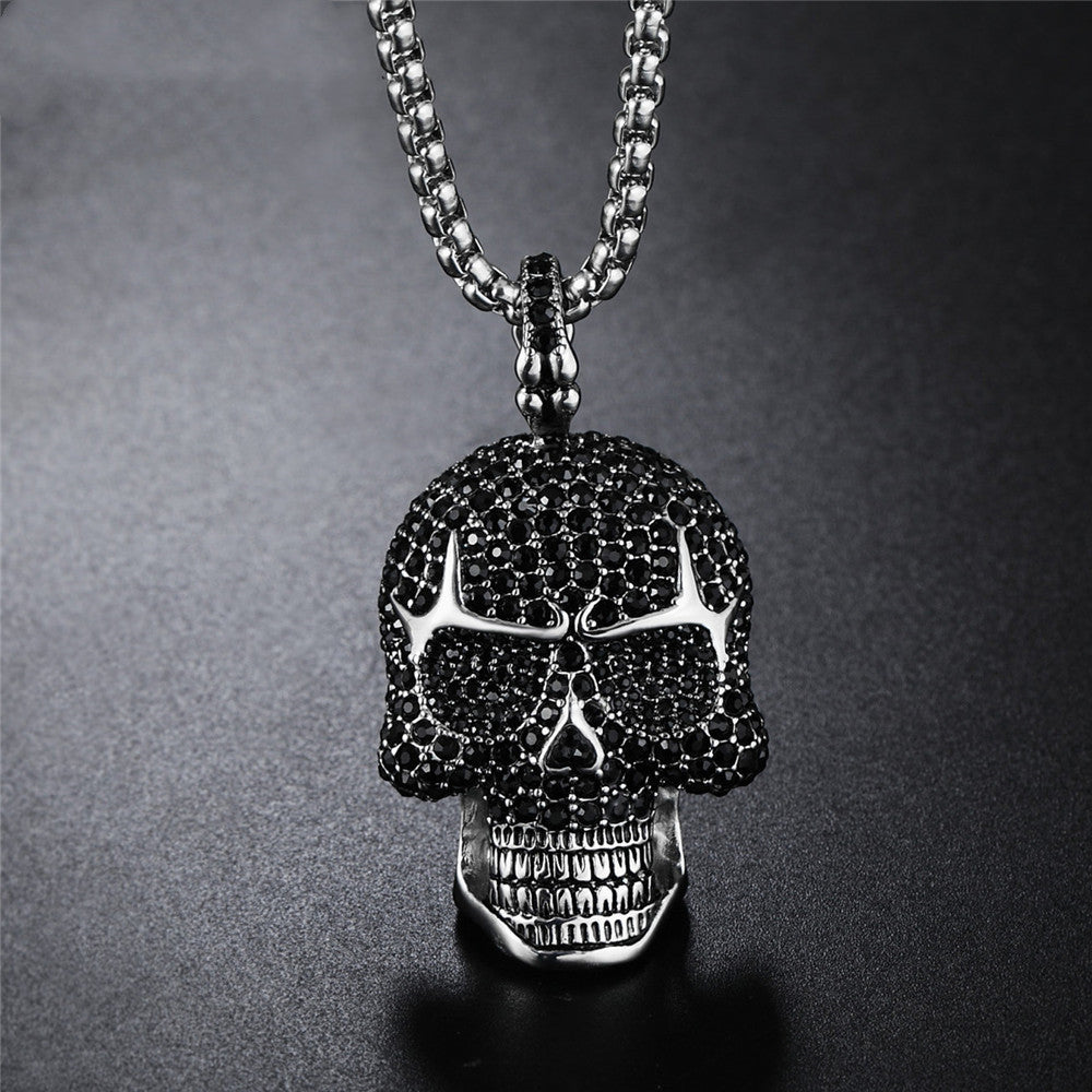 Hip-hop Personality Punk full Diamond Skull titanium Steel Pendant Necklace