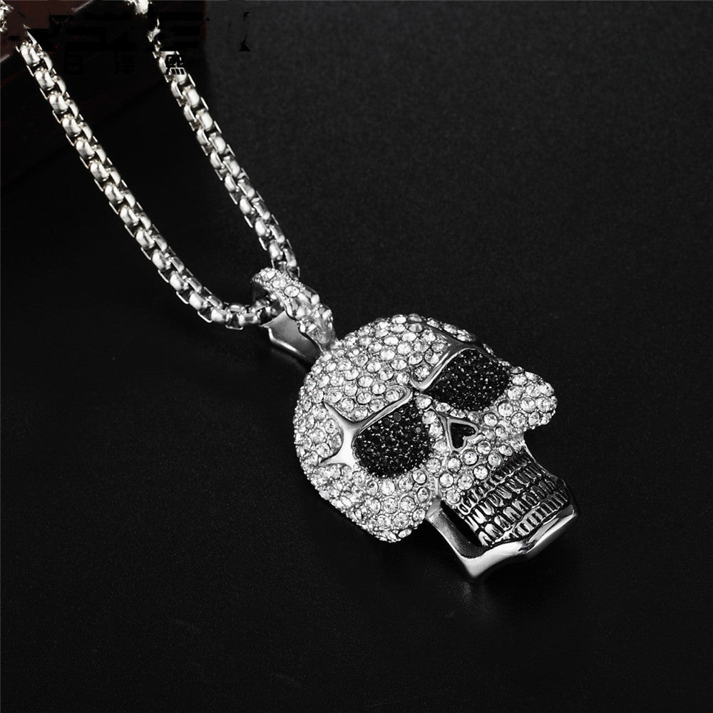 Hip-hop Personality Punk full Diamond Skull titanium Steel Pendant Necklace