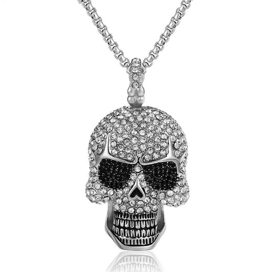 Hip-hop Personality Punk full Diamond Skull titanium Steel Pendant Necklace