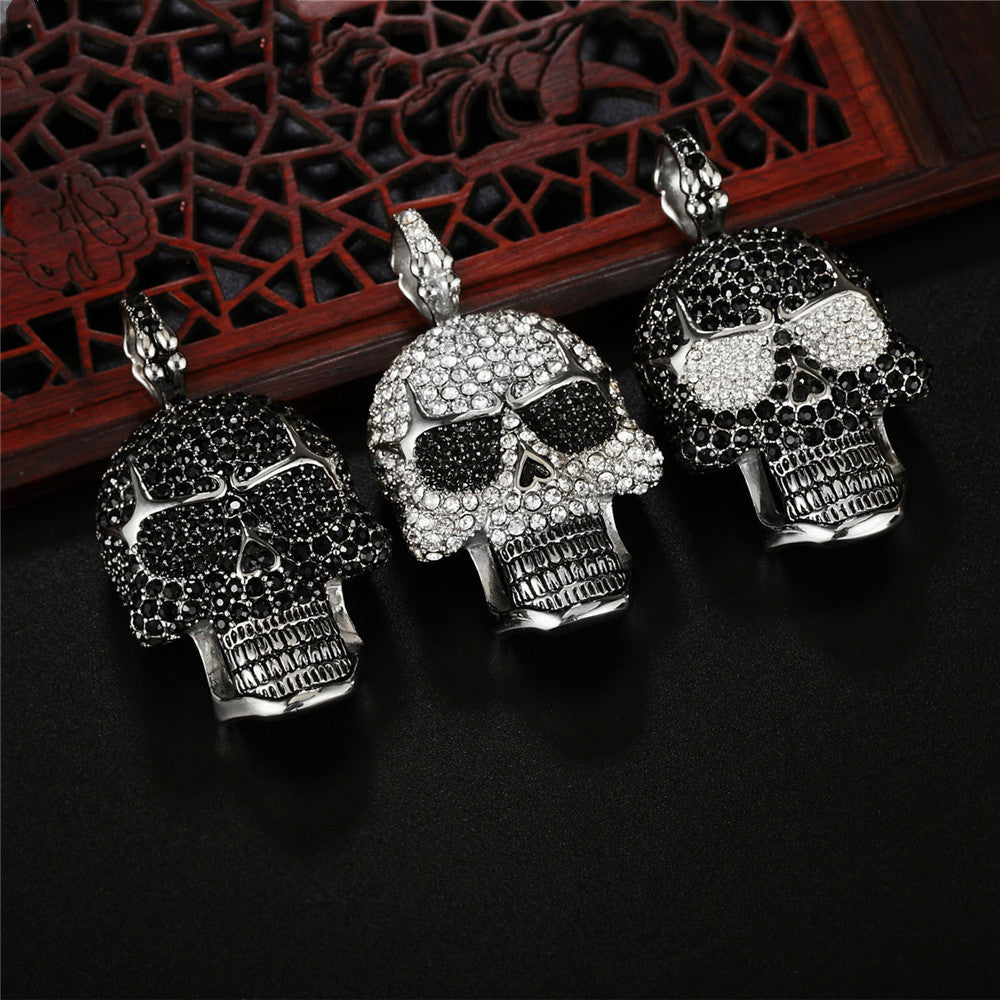 Hip-hop Personality Punk full Diamond Skull titanium Steel Pendant Necklace